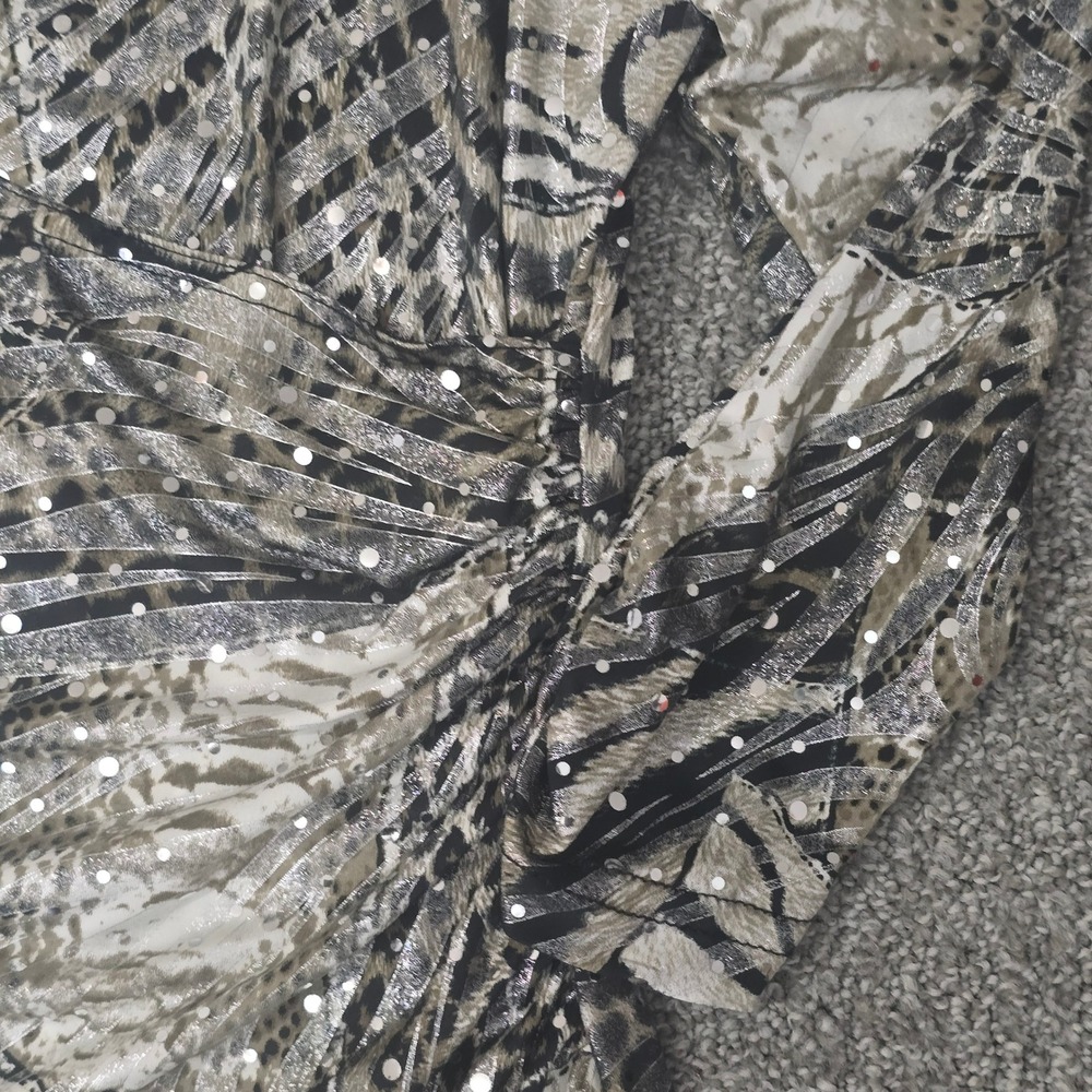 Joseph Ribkoff Animal Print Ruched Top Cold Shoulder Metallic Stretch 8 - Picture 4 of 7